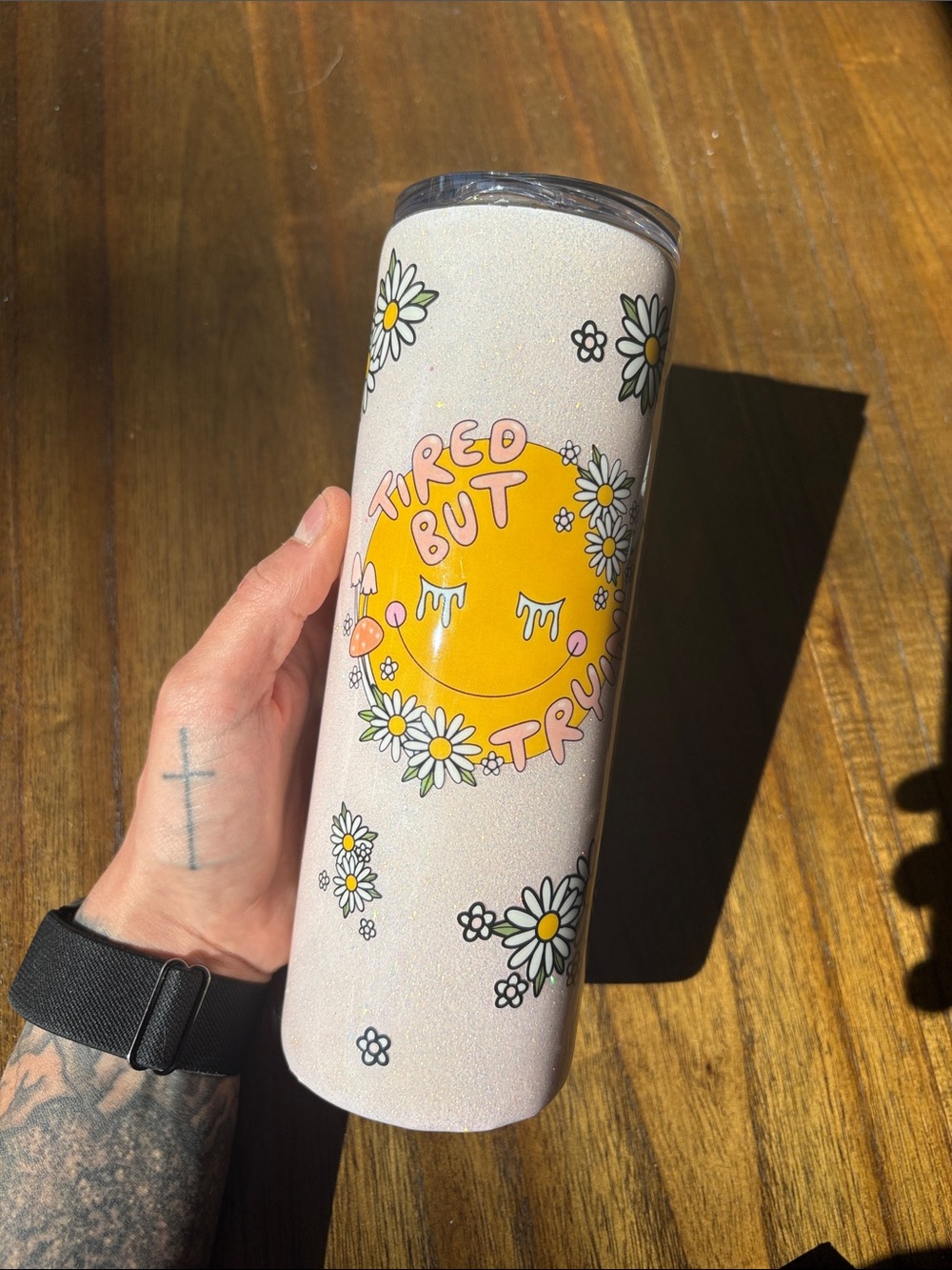 Tired But Tryin' Daisy Stainless Tumbler - White & Yellow